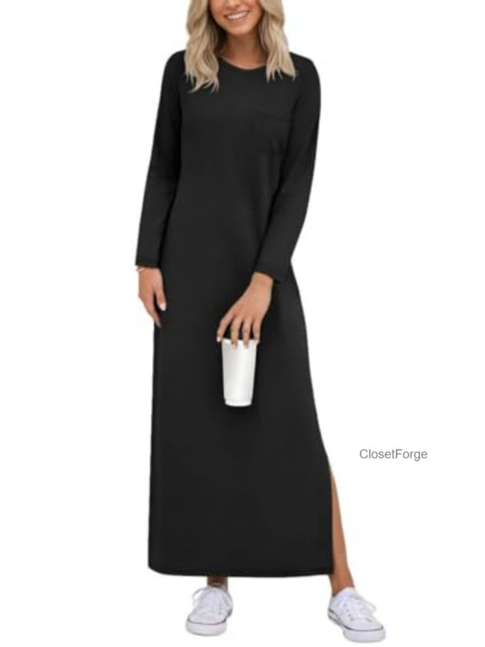 Casual Maxi Dress Long Sleeve Round Neck Split Hem Pockets Wrinkle-Free Rayon